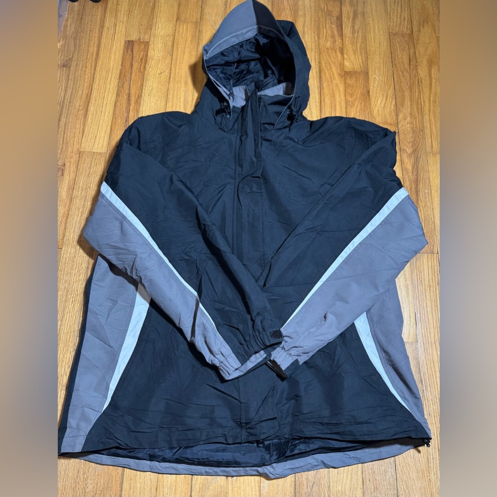 Lands End Women’s Black And Gray Jacket With Capped Hood SZ Large 14/16